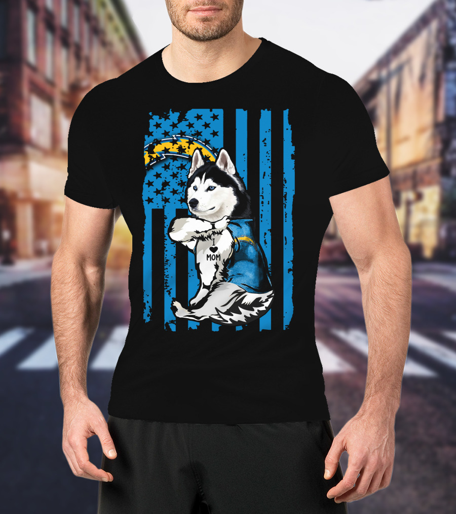 Siberian Husky I Love Mom Los Angeles Chargers Blue Stars T-Shirt
