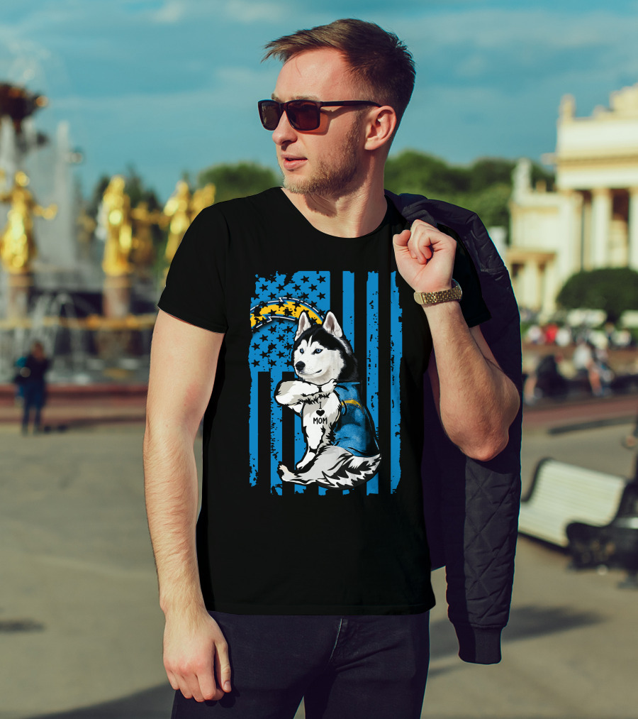 Siberian Husky I Love Mom Los Angeles Chargers Blue Stars T-Shirt