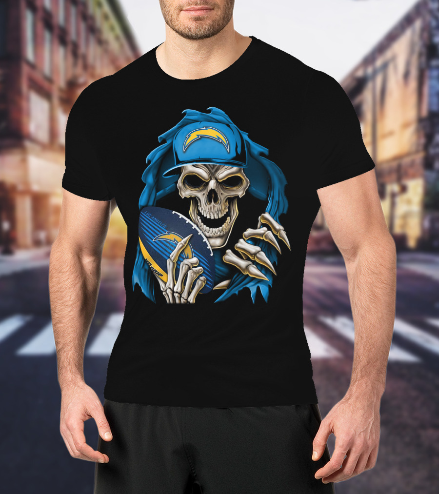 Skullbong Los Angeles Chargers Skeleton Holding Football With Blue Hood And Cap T-Shirt