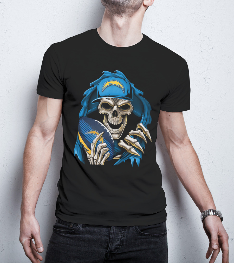 Skullbong Los Angeles Chargers Skeleton Holding Football With Blue Hood And Cap T-Shirt