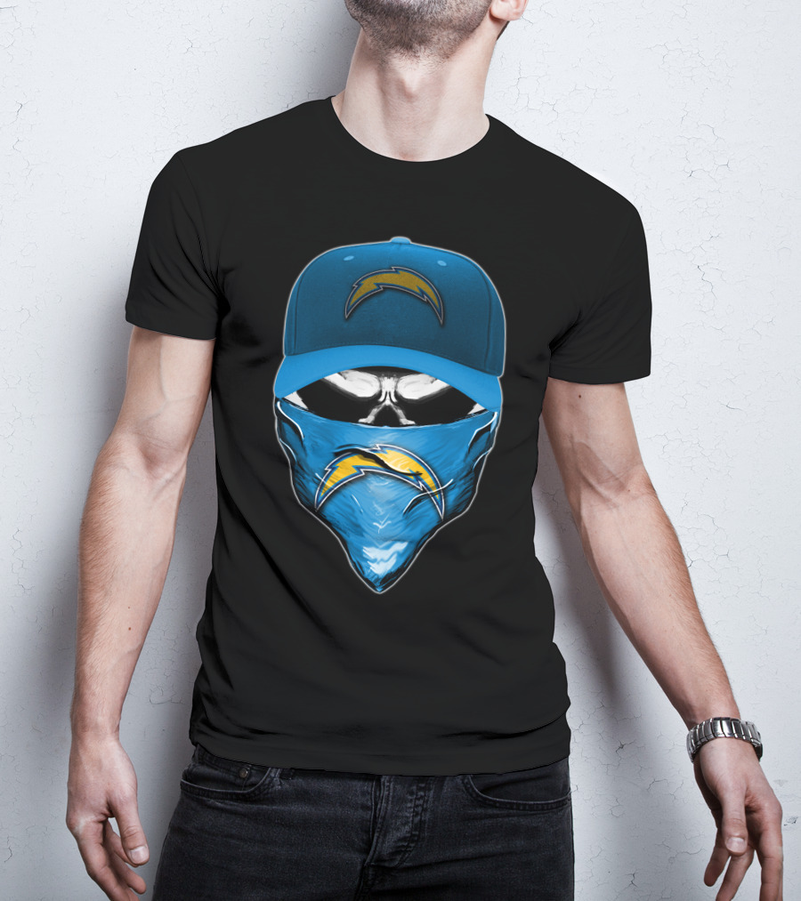 Skull Wearing Los Angeles Chargers Cap And Bandana T-Shirt