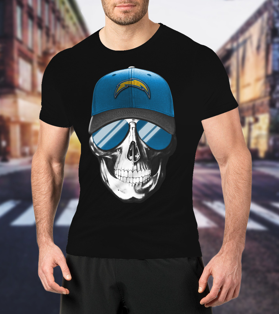 Skull Wearing Los Angeles Chargers Cap With Blue Sunglasses T-Shirt