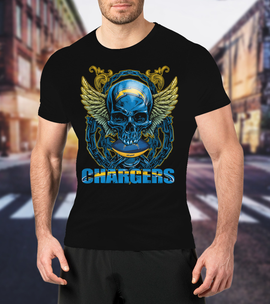 Skullfb Chargers Los Angeles Winged Skull Football Helmet And Chains T-Shirt
