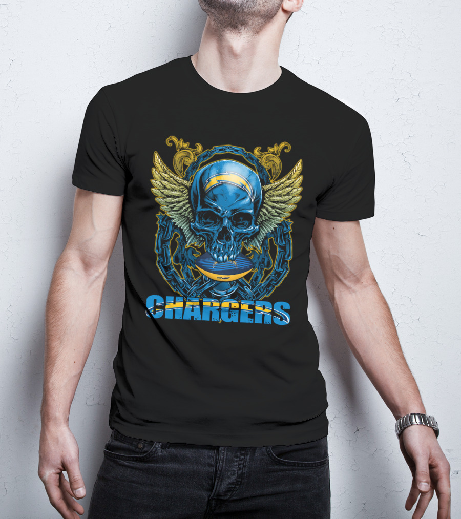 Skullfb Chargers Los Angeles Winged Skull Football Helmet And Chains T-Shirt