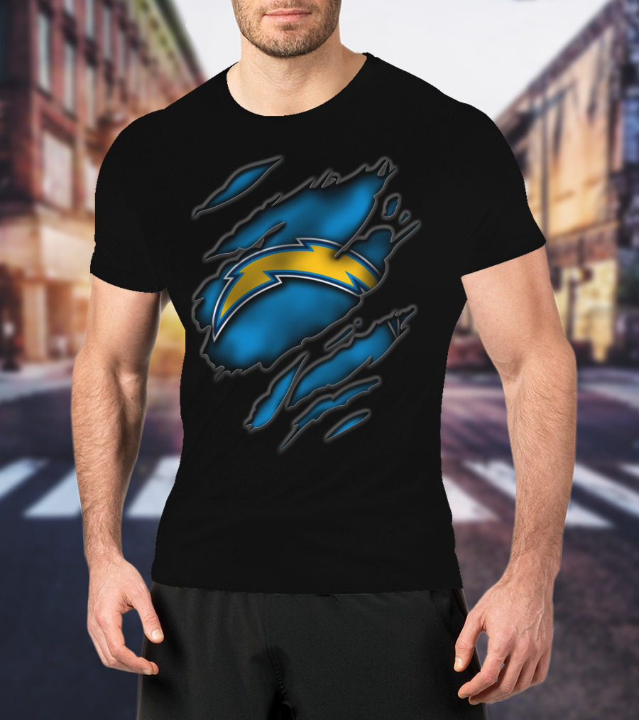 Torn Los Angeles Chargers Lightning Bolt Ripped Blue Claw Marks T-Shirt