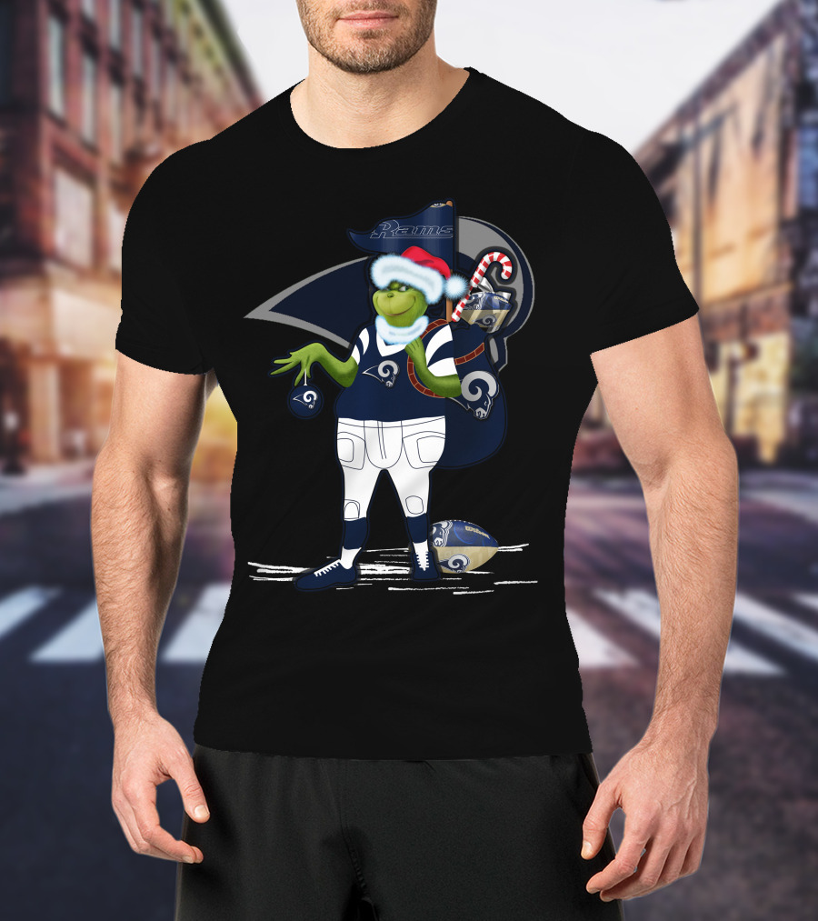 Grinchxmas Los Angeles Rams Football Santa And Candy Cane T-Shirt