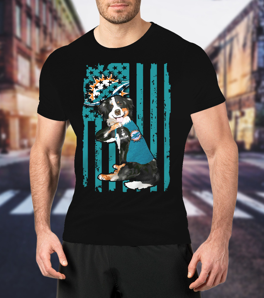 Border Collie I Love Mom Miami Dolphins Flag T-Shirt