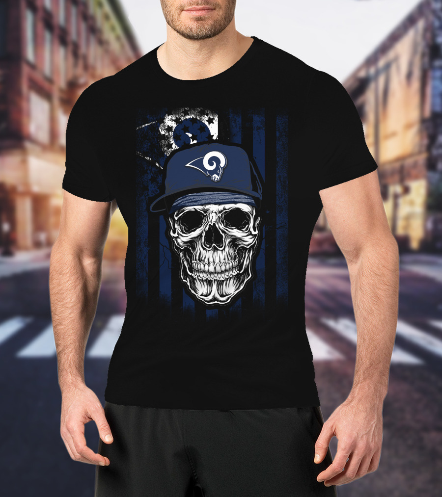 Skull With Los Angeles Rams Cap On American Flag Background T-Shirt