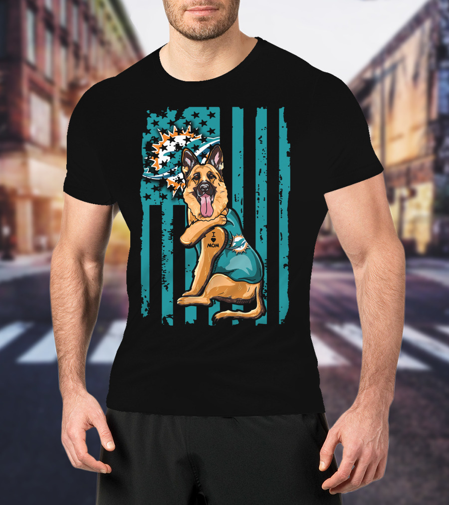 German Shepherd I Love Mom Miami Dolphins Fan T-Shirt