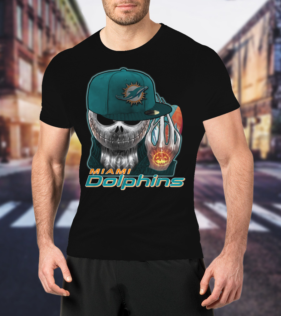 Miami Dolphins Skull With Jack-O'-Lantern Glove T-Shirt