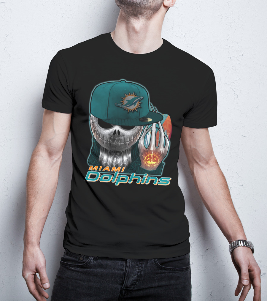 Miami Dolphins Skull With Jack-O'-Lantern Glove T-Shirt
