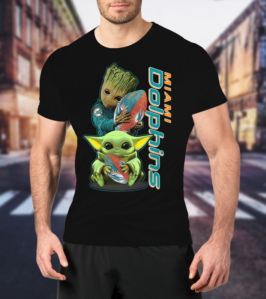 Groot And Baby Yoda Miami Dolphins Football Fan T-Shirt