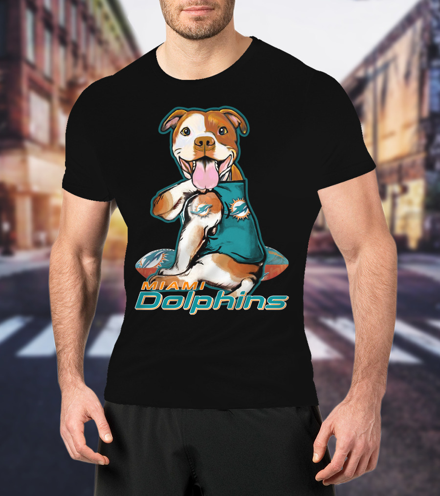 Pittbull Wearing Miami Dolphins Jersey With Logo And Football T-Shirt