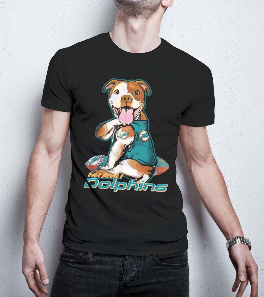 Pittbull Wearing Miami Dolphins Jersey With Logo And Football T-Shirt