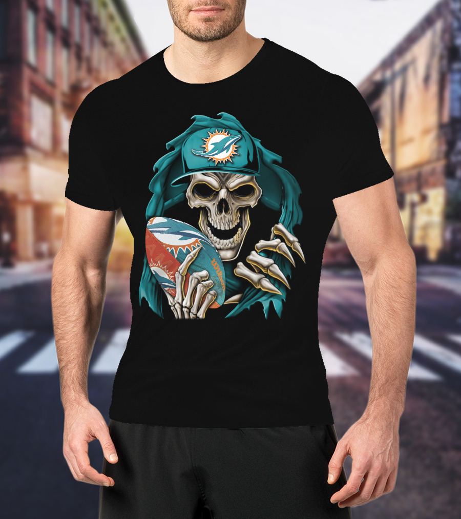Skullbong Miami Dolphins Football Skeleton T-Shirt