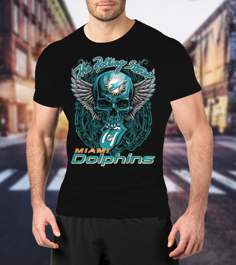 The Rolling Stones Miami Dolphins Skull With Wings Iconic Tongue T-Shirt