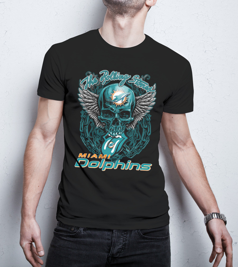 The Rolling Stones Miami Dolphins Skull With Wings Iconic Tongue T-Shirt