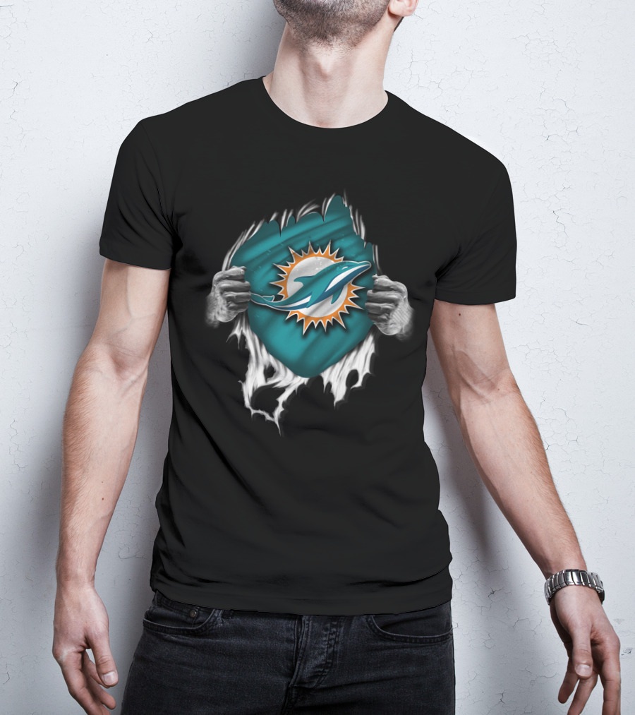 Torn Miami Dolphins Emblem With Hands Peeling Effect T-Shirt
