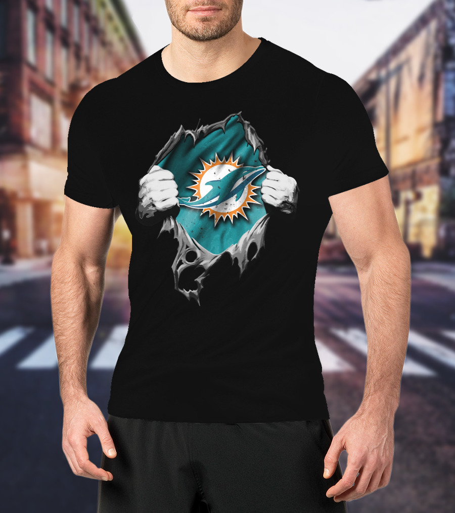 Torn Miami Dolphins Logo Revealed Through Ripped Fabric T-Shirt