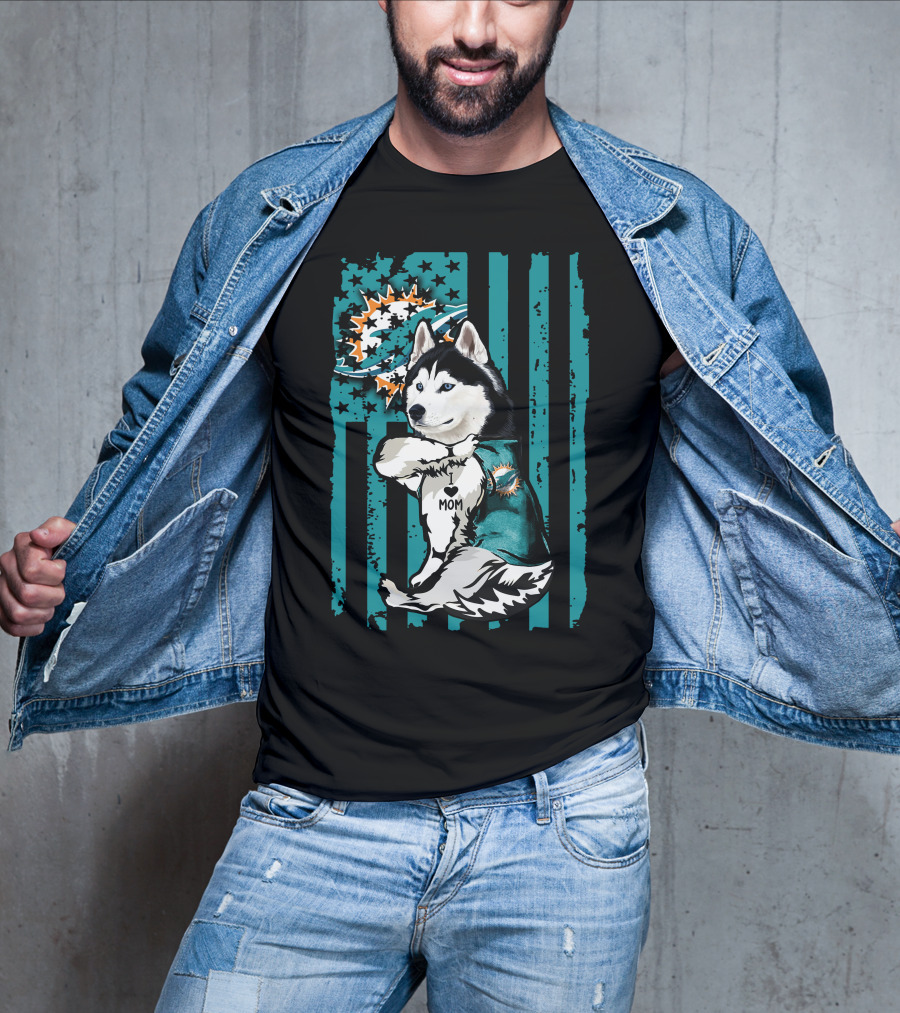 Siberian Husky Miami Dolphins Heart Mom Football Fan Flag T-Shirt