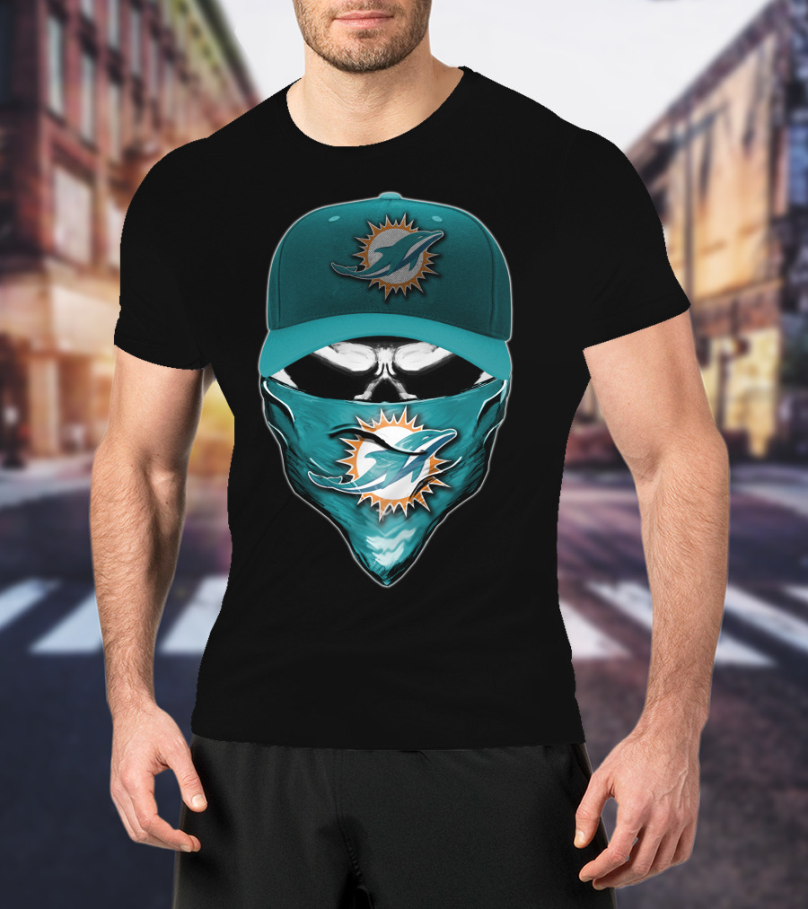 Skull Miami Dolphins Logo Hat And Bandana T-Shirt