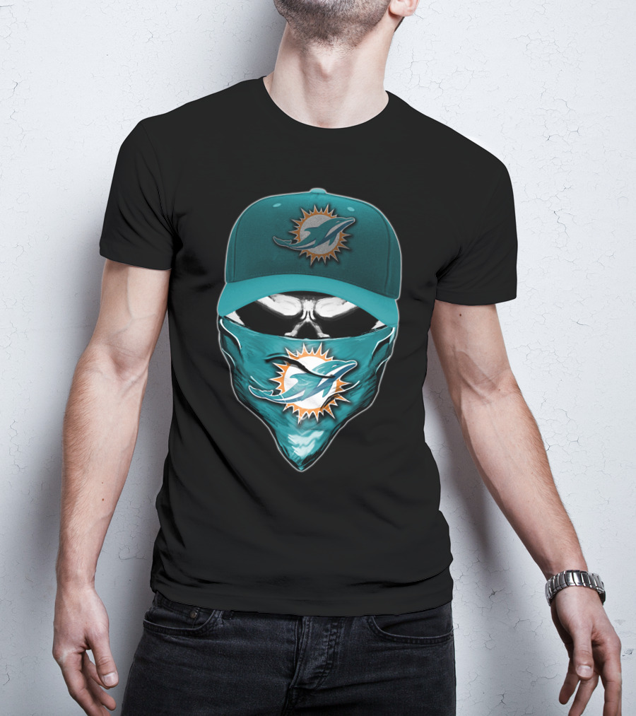 Skull Miami Dolphins Logo Hat And Bandana T-Shirt