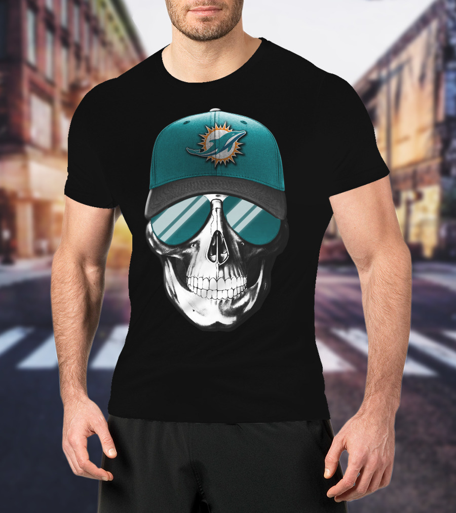 Skull With Miami Dolphins Hat And Sunglasses T-Shirt
