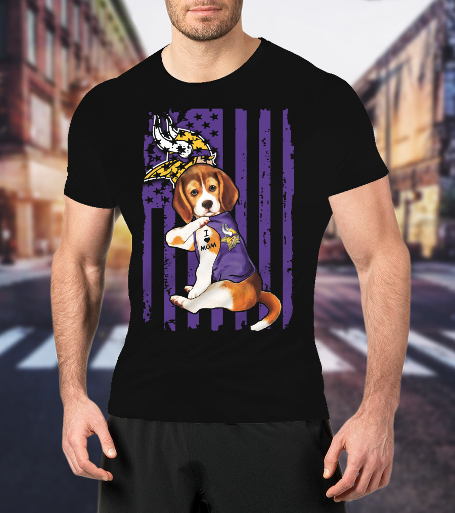 Beagle I Love Mom Minnesota Vikings Purple Flag T-Shirt