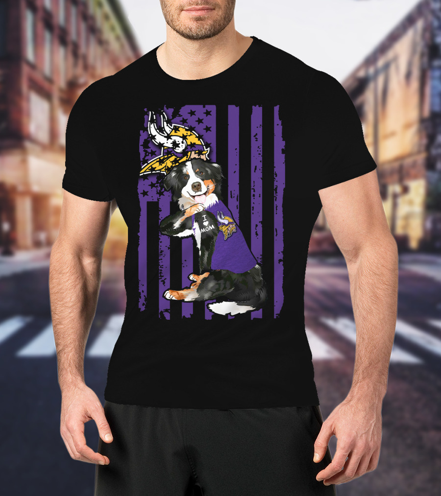 I Love Mom Border Collie With Minnesota Vikings Flag Background T-Shirt