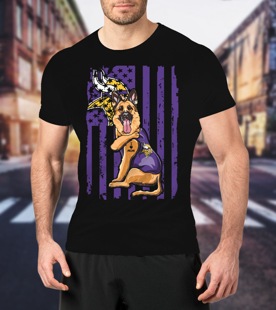 German Shepherd Minnesota Vikings Dog Wearing Jersey With Vikings Logo And I Love Mom Tattoo T-Shirt