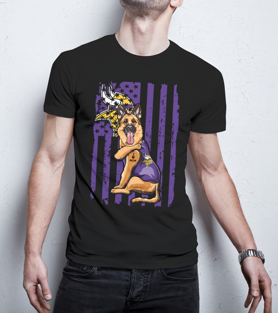 German Shepherd Minnesota Vikings Dog Wearing Jersey With Vikings Logo And I Love Mom Tattoo T-Shirt