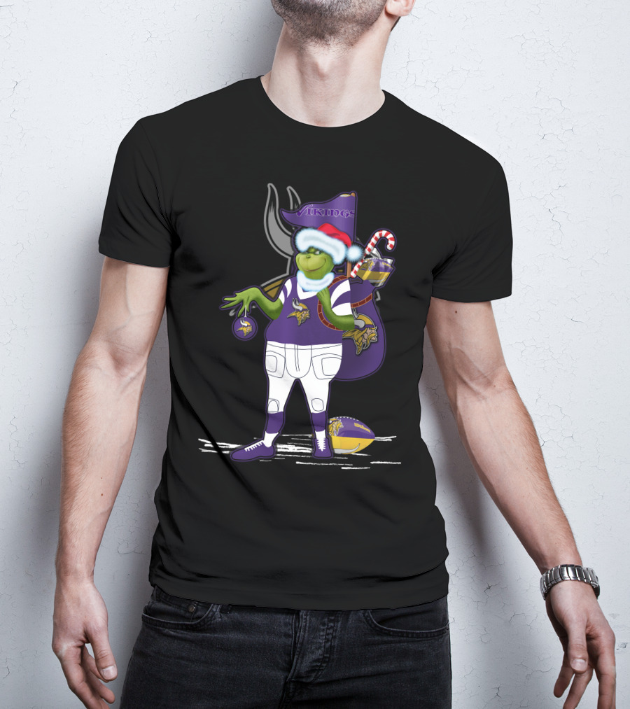 Grinchxmas Minnesota Vikings Santa Hat Candy Cane Football T-Shirt