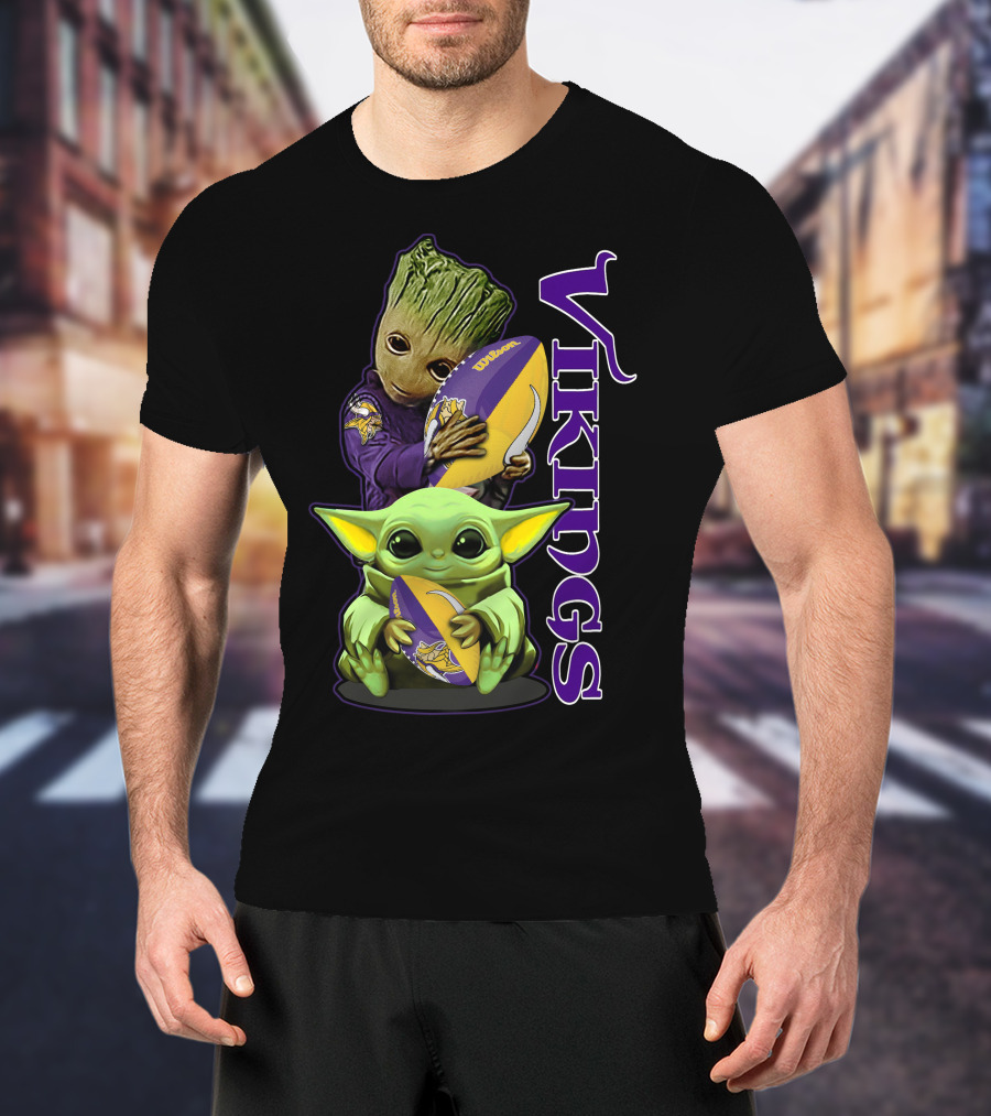 Grzd Minnesota Vikings Groot And Baby Yoda Football Fan T-Shirt