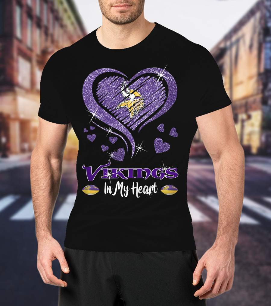 Vikings In My Heart Minnesota Vikings Logo Purple Sparkling Hearts T-Shirt