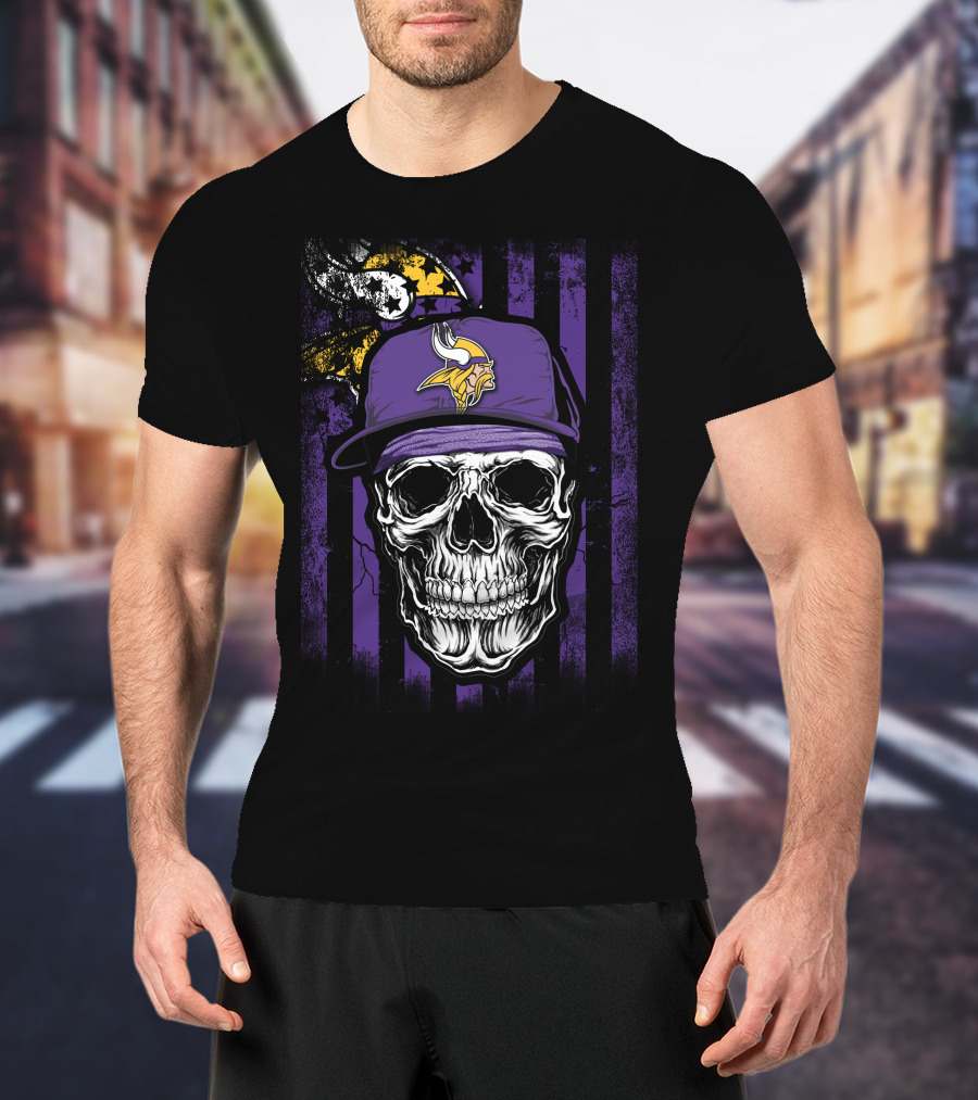 Skull With Minnesota Vikings Hat And Viking Logo On Purple And Black Stripes T-Shirt