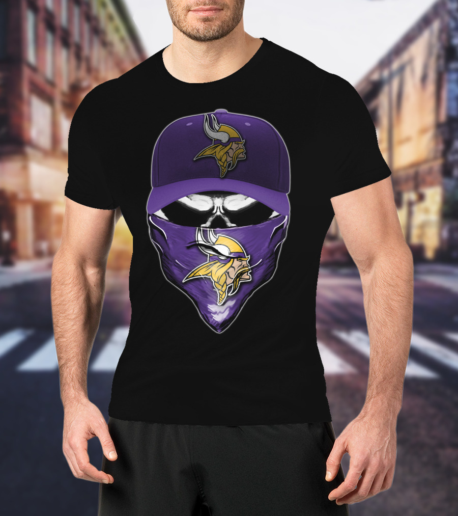 Skull Minnesota Vikings Logo Face Mask And Cap T-Shirt