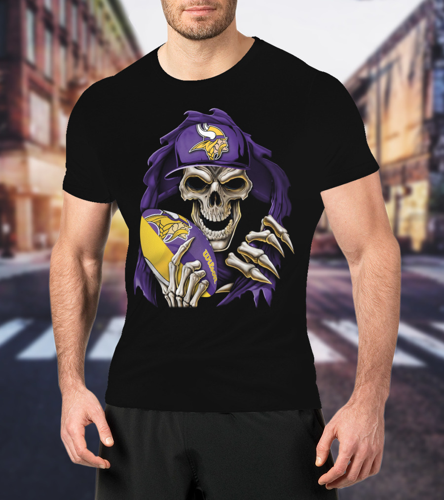 Minnesota Vikings Skull With Football And Cap T-Shirt