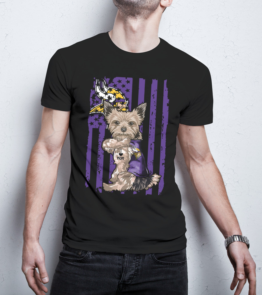 Yorkshire Terrier Wearing Minnesota Vikings I Love Mom Shirt With Viking Head And Purple Distressed Stripes Background T-Shirt