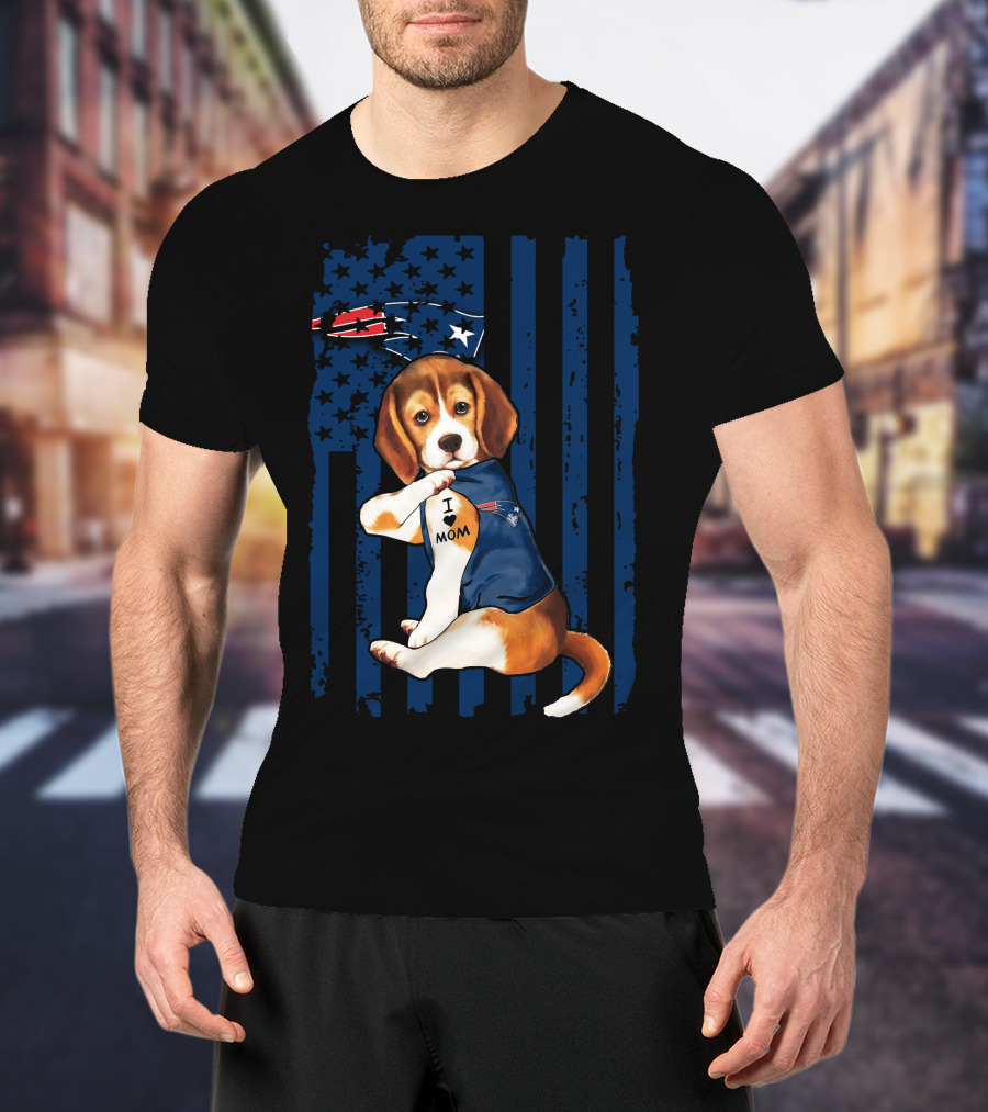 Patriotic Beagle Wearing New England Patriots Jersey I Love Mom T-Shirt