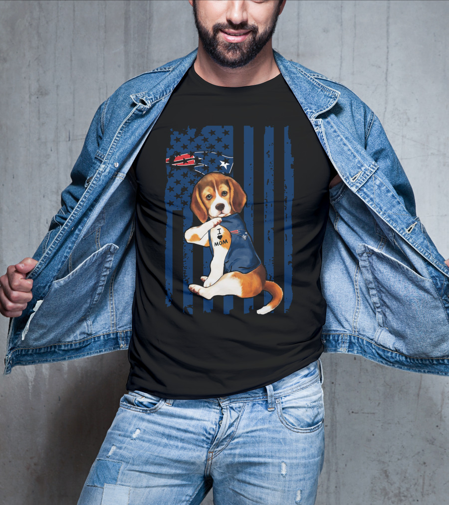 Patriotic Beagle Wearing New England Patriots Jersey I Love Mom T-Shirt