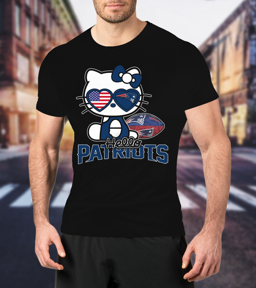 Hello Kitty New England Patriots Football Fan Icon With American Flag Sunglasses T-Shirt