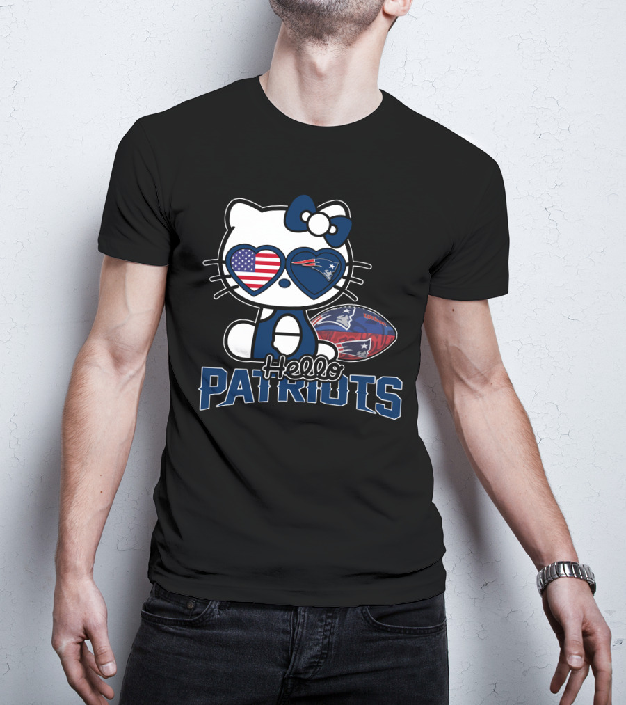 Hello Kitty New England Patriots Football Fan Icon With American Flag Sunglasses T-Shirt