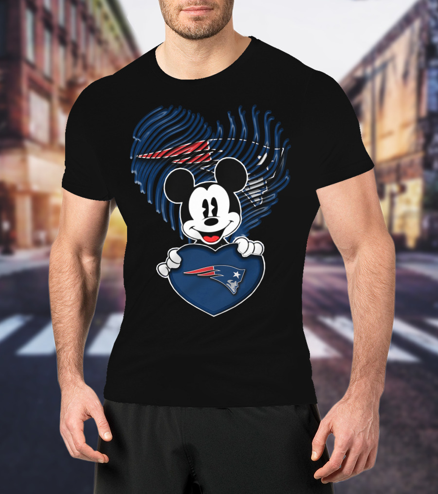 Mick Holding New England Patriots Heart With Fingerprint Background T-Shirt