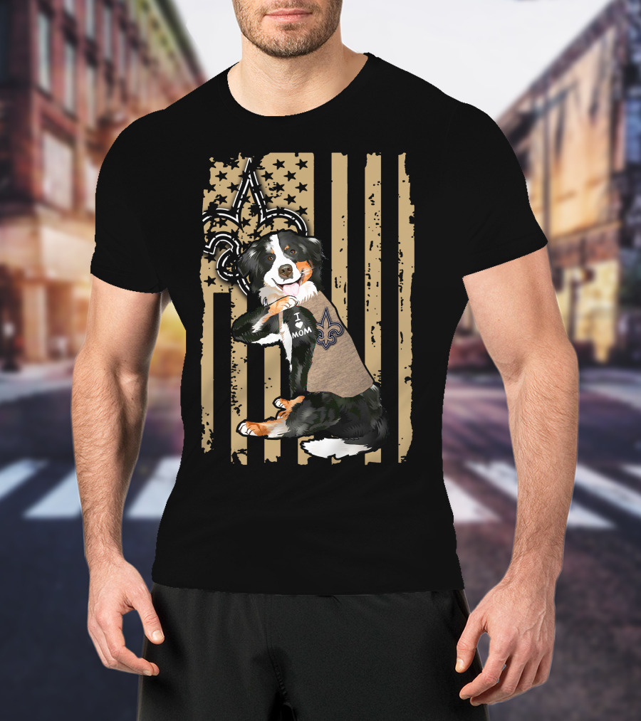 Border Collie I Love Mom New Orleans Saints Fleur-de-Lis Stripes T-Shirt