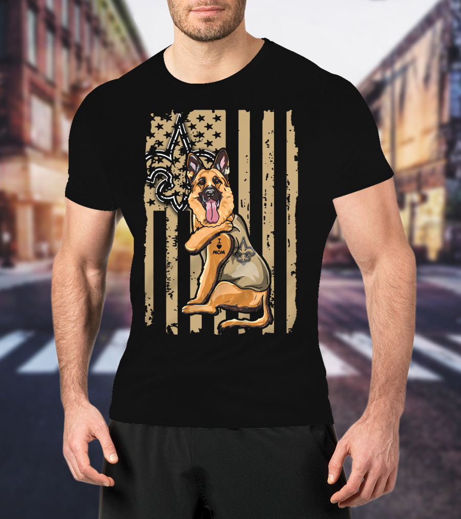 German Shepherd I Love Mom New Orleans Saints Fleur-de-Lis American Flag T-Shirt