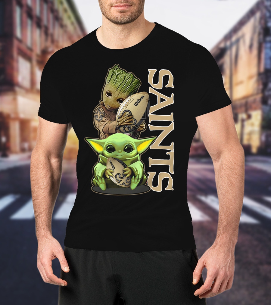 Grzd New Orleans Saints Groot And Baby Yoda Football T-Shirt