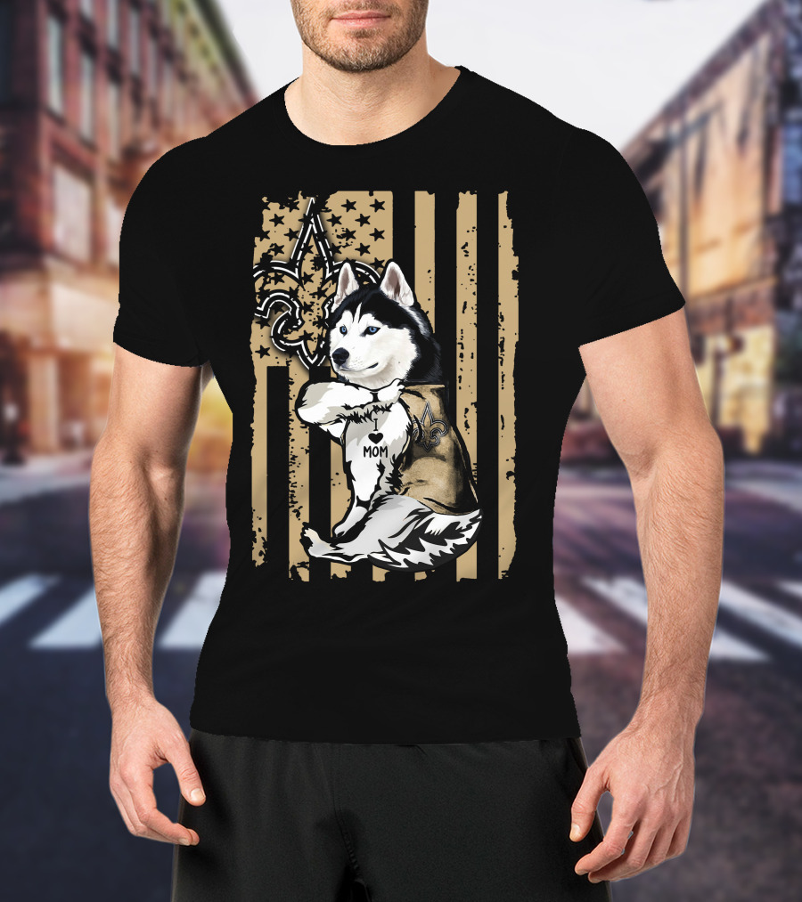 Siberian Husky Mom New Orleans Saints Fleur-de-Lis American Flag T-Shirt