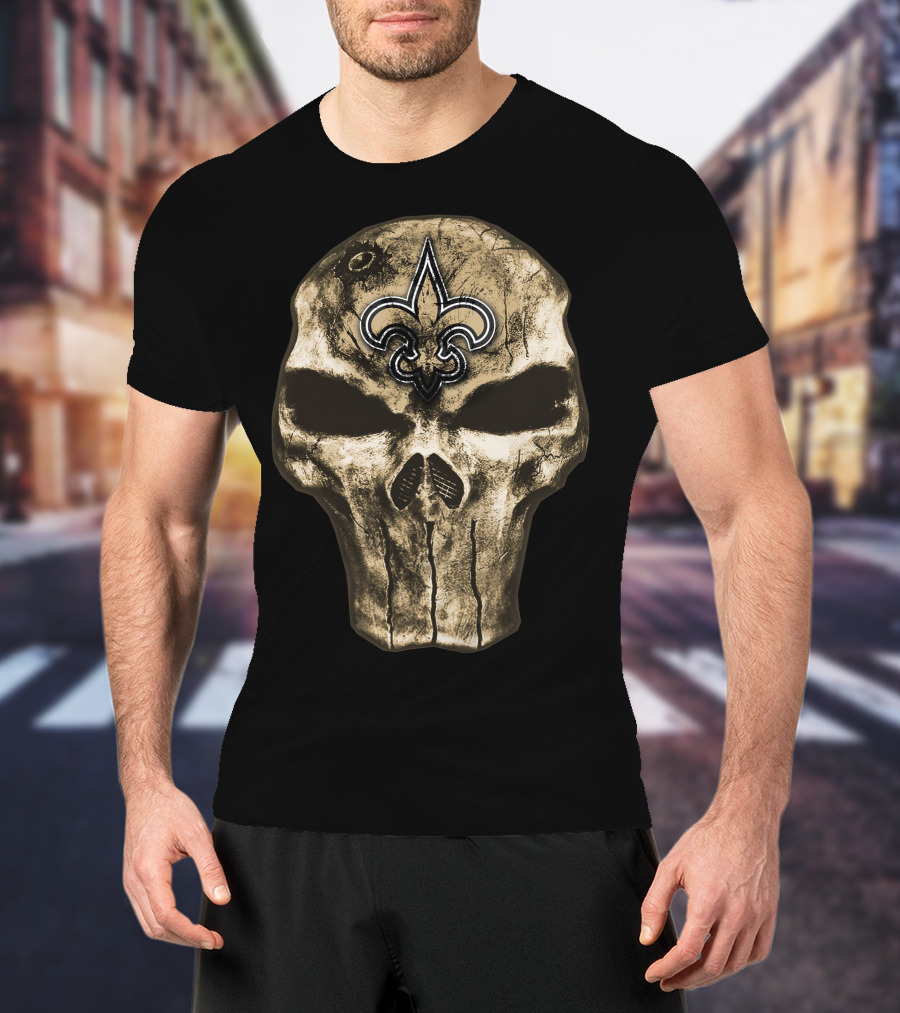 Skull V4 New Orleans Saints Fleur-De-Lis Emblem T-Shirt