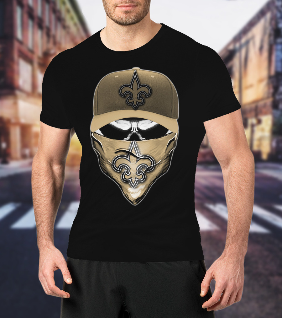 Skull V6 New Orleans Saints Fleur-de-Lis Mask And Cap T-Shirt