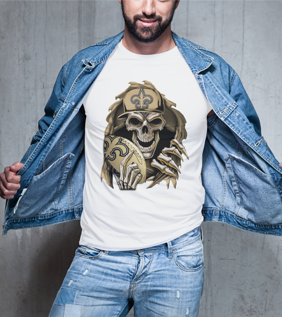 Skullbong New Orleans Saints Skeleton Holding Football With Fleur-de-Lis Cap T-Shirt